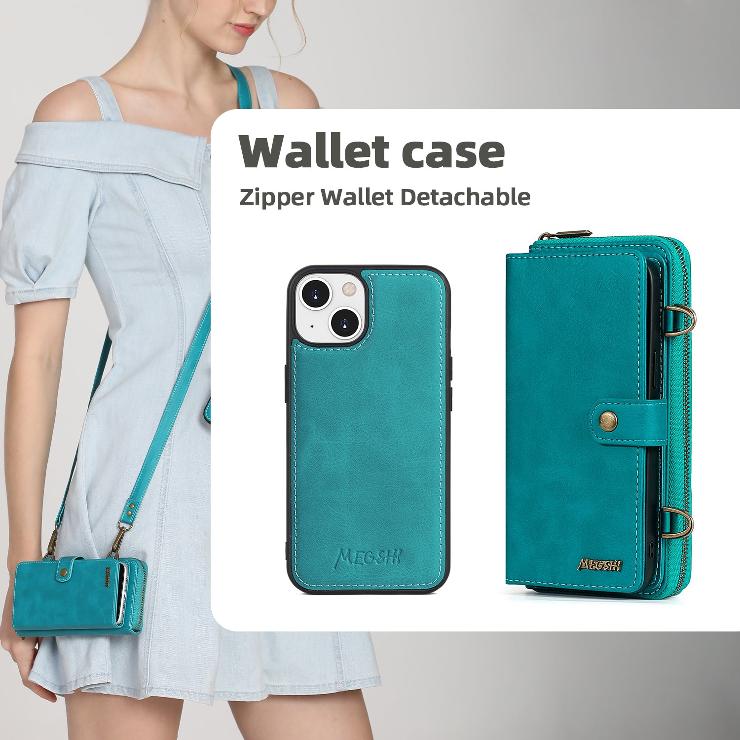 MEGSHI 020 Series for iPhone 14 Shockproof PU Leather Stand Cover Detachable 2-in-1 Wallet Case MEGSHI 020 Series for iPhone 14 Shockproof PU Leather Stand Cover Detachable 2-in-1 Wallet Case